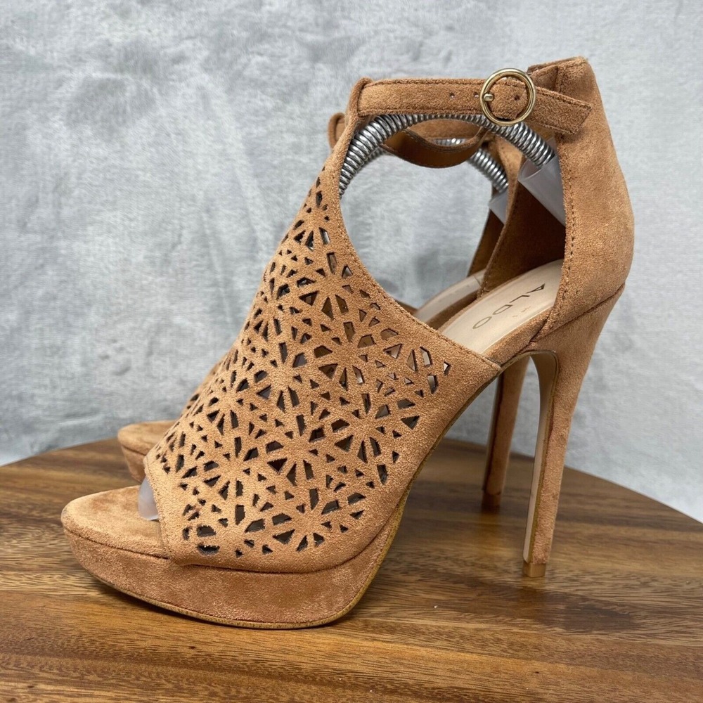 Aldo Heels 7.5 Tan Laser Cut Vegan Suede‎ Peep Toe Ankle Strap Stiletto Vizzola